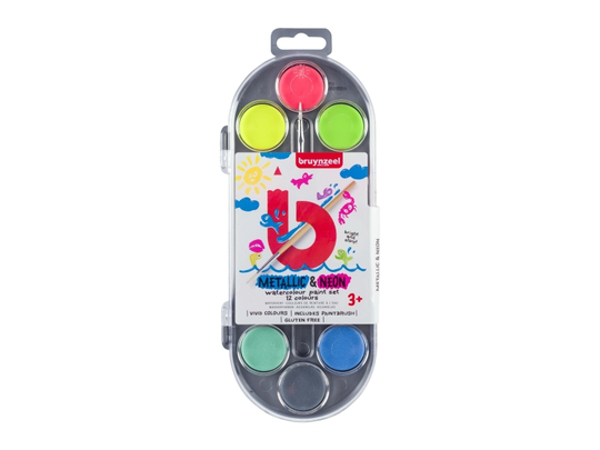 Bruynzeel Watercolour paint set | 12 metallic & neon colours + brush