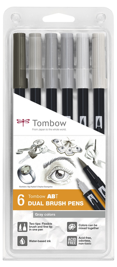 Penselpenna ABT Dual Brush 6-pack Grey colors Tombow