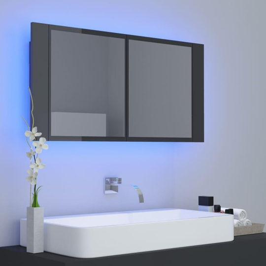 Spegelskåp för badrum LED grå högglans 90x12x45 cm