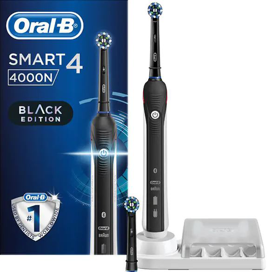 Elektrisk tandborste Oral-B Smart 4 4000N Cross Action, 40000 pulser/min, 8800 svängningar/min, 3D-rengöring, 3 program, 2 huvuden, Bluetooth, Svart