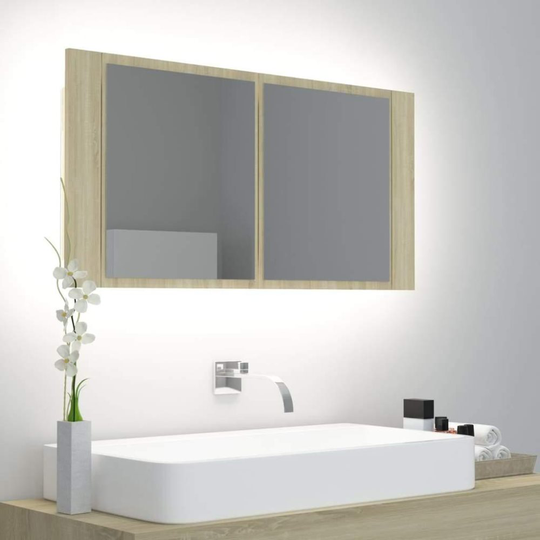 Medina Spegelskåp med LED sonoma-ek 90x12x45 cm