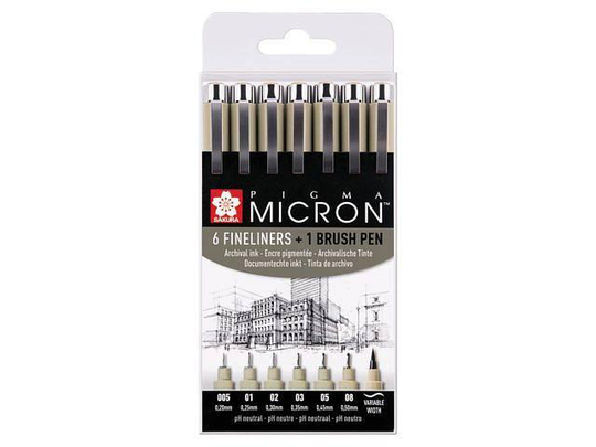 Tuschritpennor Pigma Micron 6 st Fineliner + 1 st Brush pen, Svart, 7 pennor/fp