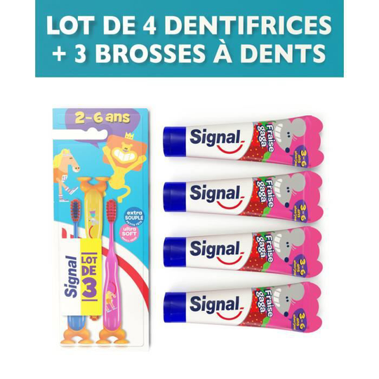 SIGNAL Pack 3 barns tandborstar + 4 Strawberry gaga tandkräm