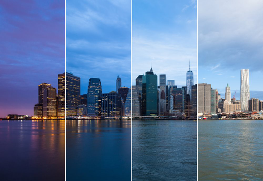 Fototapet till fondvägg "Collage av Manhattans skyline natt till dag"