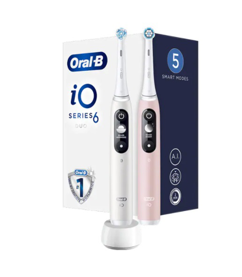 Set med 2 elektriska tandborstar ORAL-B iO6 med magnetisk teknologi och mikrovibration, 8800 pulser/min, 5 program, 2 huvuden, vit/rosa