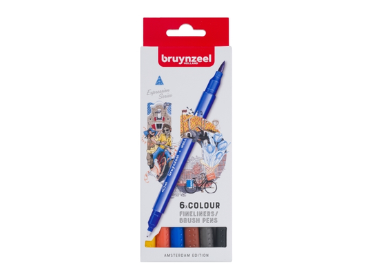 Bruynzeel Fineliner/brush pen set Amsterdam | 6 colours
