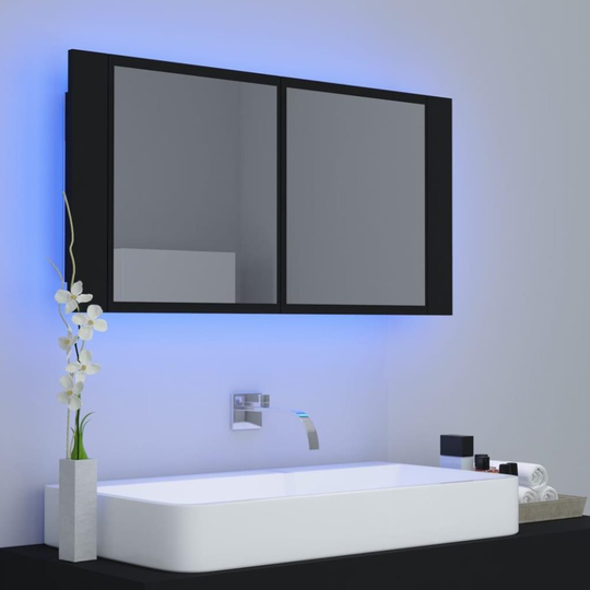 Spegelskåp med LED svart 90x12x45 cm