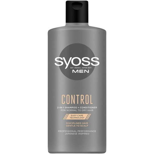SYOSS Män + Kontroll 2in1 Schampo Balsam schampo för normalt hår discipliner torr 440 ml