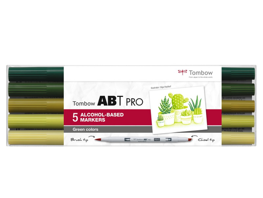 Tombow Marker alcohol ABT PRO Dual Brush 5P-5 Green colours (5 stk.)