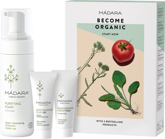 Madara Become Organic Deep Moisture Starter Set - Dame - 200 ml (Moisture Fluid 25ml/Night Cream 25ml/Purifying Foam 150ml)