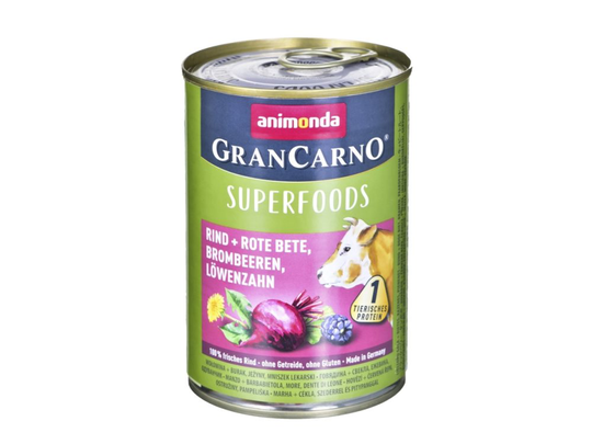 animonda GranCarno Superfoods smag: oksekød, rødbeder, brombær, mælkebøtte - 400 g dåse