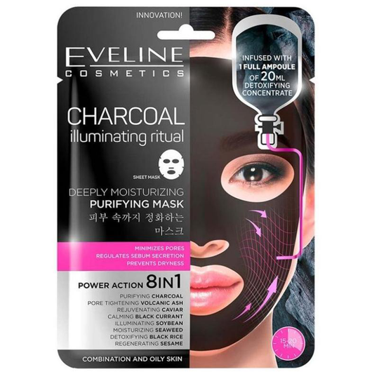 Charcoal Eveline Sheet Mask Mask tyg 8in1 rensning 1szt