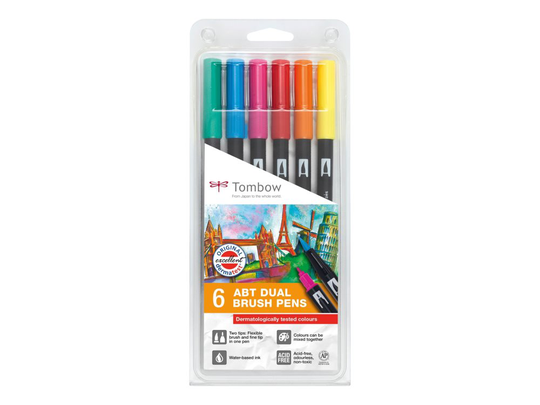 Marker Tombow ABT Dual Brush 6P-3 dermatologisk testet (sæt)