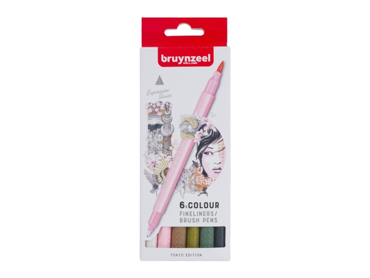 Bruynzeel Fineliner/brush pen set Tokyo | 6 colours