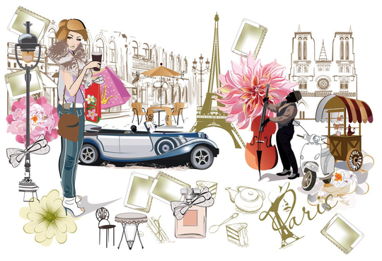 Fototapet till fondvägg "Skissstil collage of modeflickor, kaféer och musiker i Paris"