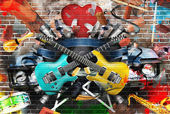 Fototapet till fondvägg "Graffiti Collage av Musik och Färg på"