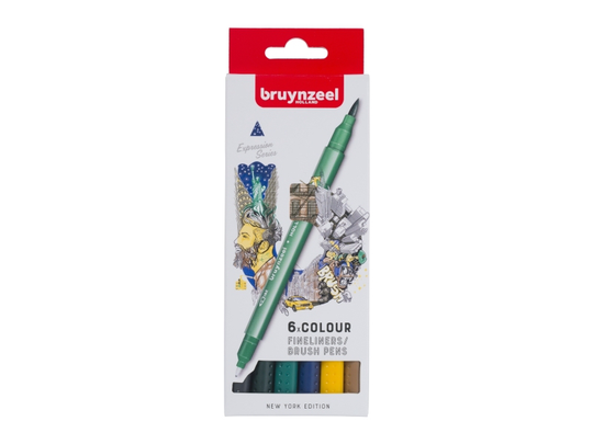 Bruynzeel Fineliner/brush pen set New York | 6 colours