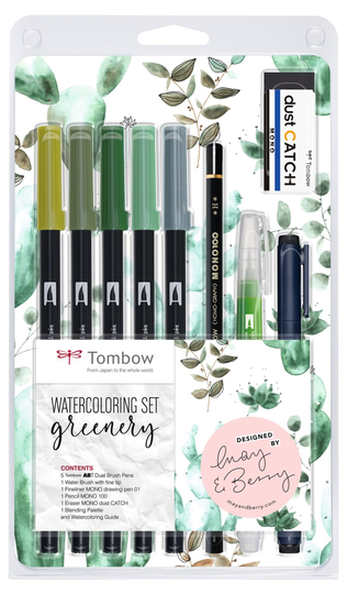 Penselpenna ABT Dual Brush set Greenery 9 delar Tombow