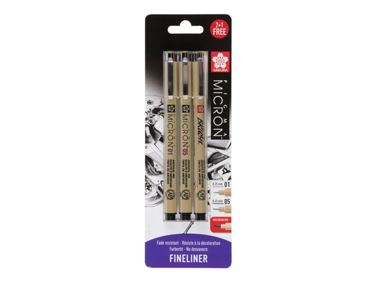 Sakura Pigma Micron fineliner set | 3 pens, 0.25 mm + 0.45 mm + 1 Pigma Brush for free, black