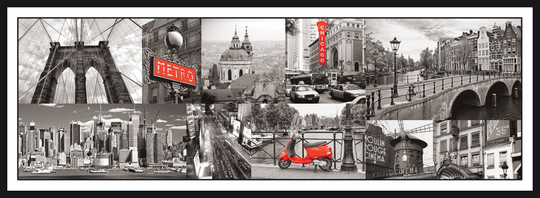 Collage. Paris, London, New York Poster/Black/White Panorama: 45x120 799 Tavla med ram (svart)