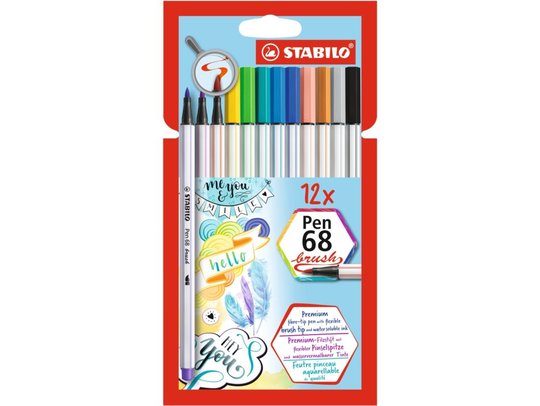 STABILO Pen 68 Brush, Bold, 12 färger, Multifärg, 24 h, Vattenbaserat bläck, 12 styck