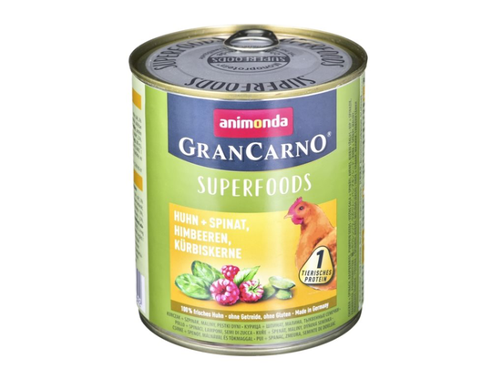 animonda GranCarno Superfoods smag: kylling, spinat, hindbær, græskarfrø - 800 g dåse
