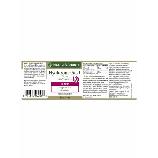 Hyaluronsyra med C-vitamin Nature's Bounty 009500002 20 mg (30 Kapslar)