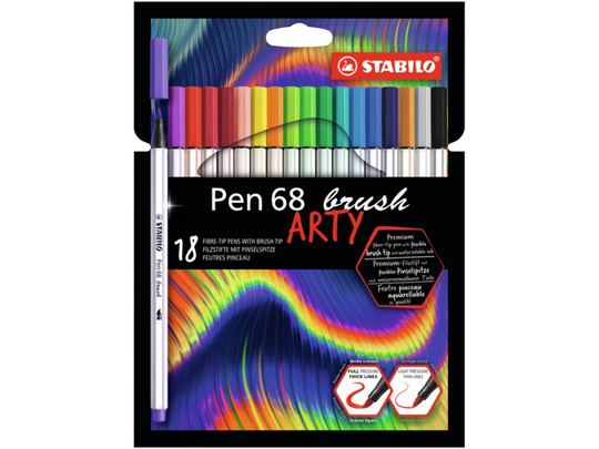 STABILO Pen 68 brush ARTY, 18 färger, Multifärg, Rundad spets, Multifärg, 24 h, Vattenbaserat bläck