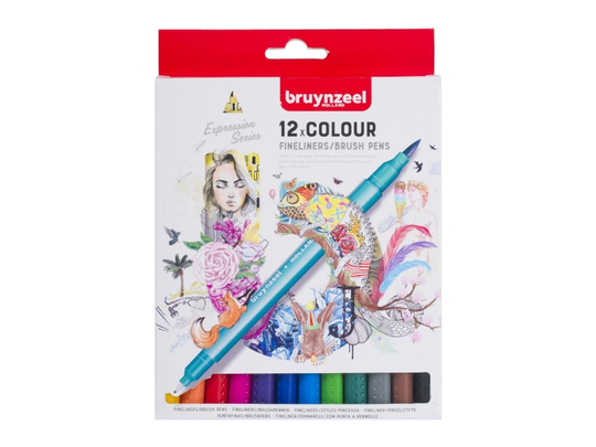 Bruynzeel Fineliner/brush pen set | 12 colours