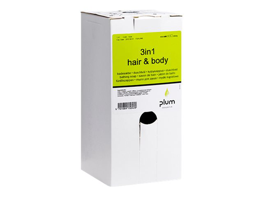 Plum 3in1 Hair & Body soap - Kroppstvätt / schampo / balsam - kräm - bag-in-box - 1.4 L - fuktkräm - gråvit (paket om 8)