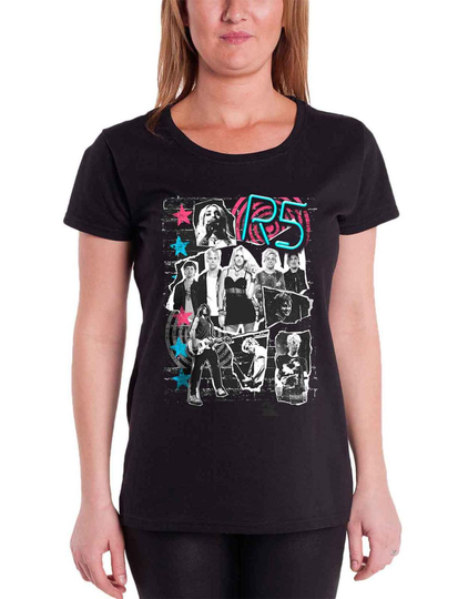 R5 T Shirt Grunge Collage band logo Official Womens Black Skinny Fit