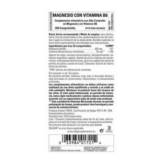 Magnesium Solgar 30202 B6-vitamin (250 uds)