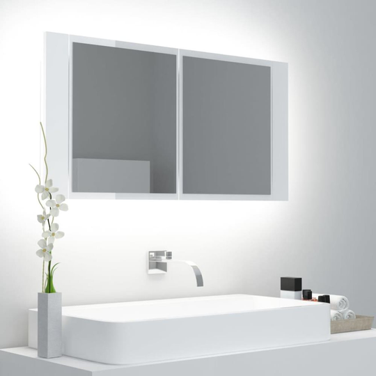 Spegelskåp för badrum LED vit högglans 90x12x45 cm