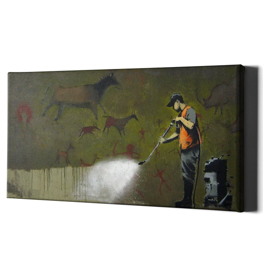 Banksy Cleaner On Canvas Painting Print - Brush Spray Framed Street Art - Messy Gift Wall Bansky Frame Clean Caveman Signs Decor